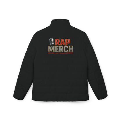 Black jacket with 'RAP MERCH' text on the back against a white background