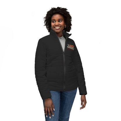 Woman wearing a black jacket with a logo on a white background