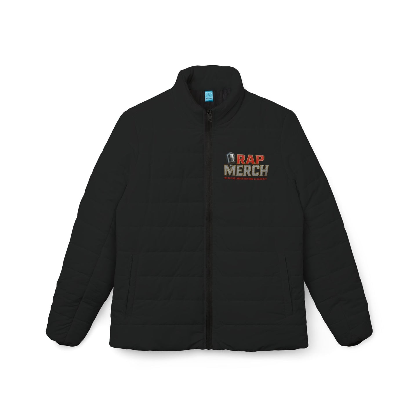 Black jacket with 'RAP MERCH' logo on a white background