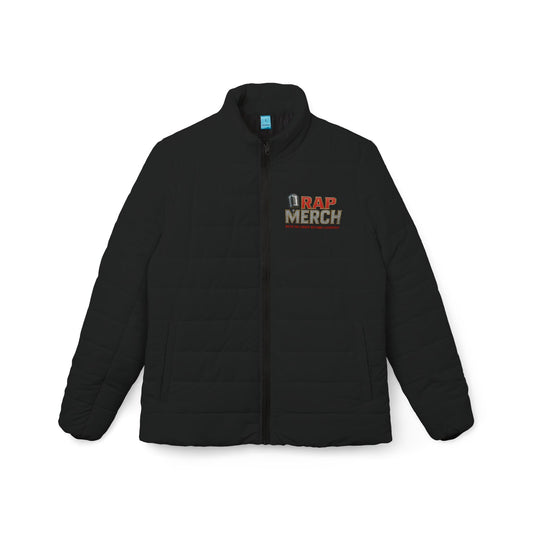 Black jacket with 'RAP MERCH' logo on a white background