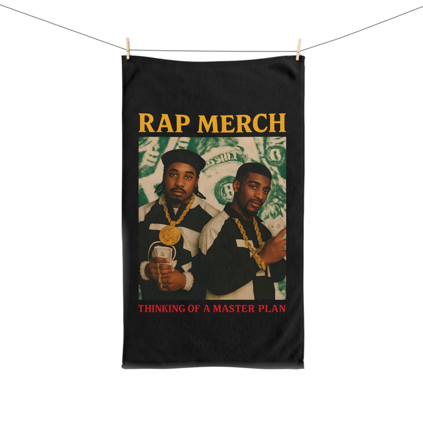 Black banner with 'Rap Merch' text and images of two people holding money, on a white background.