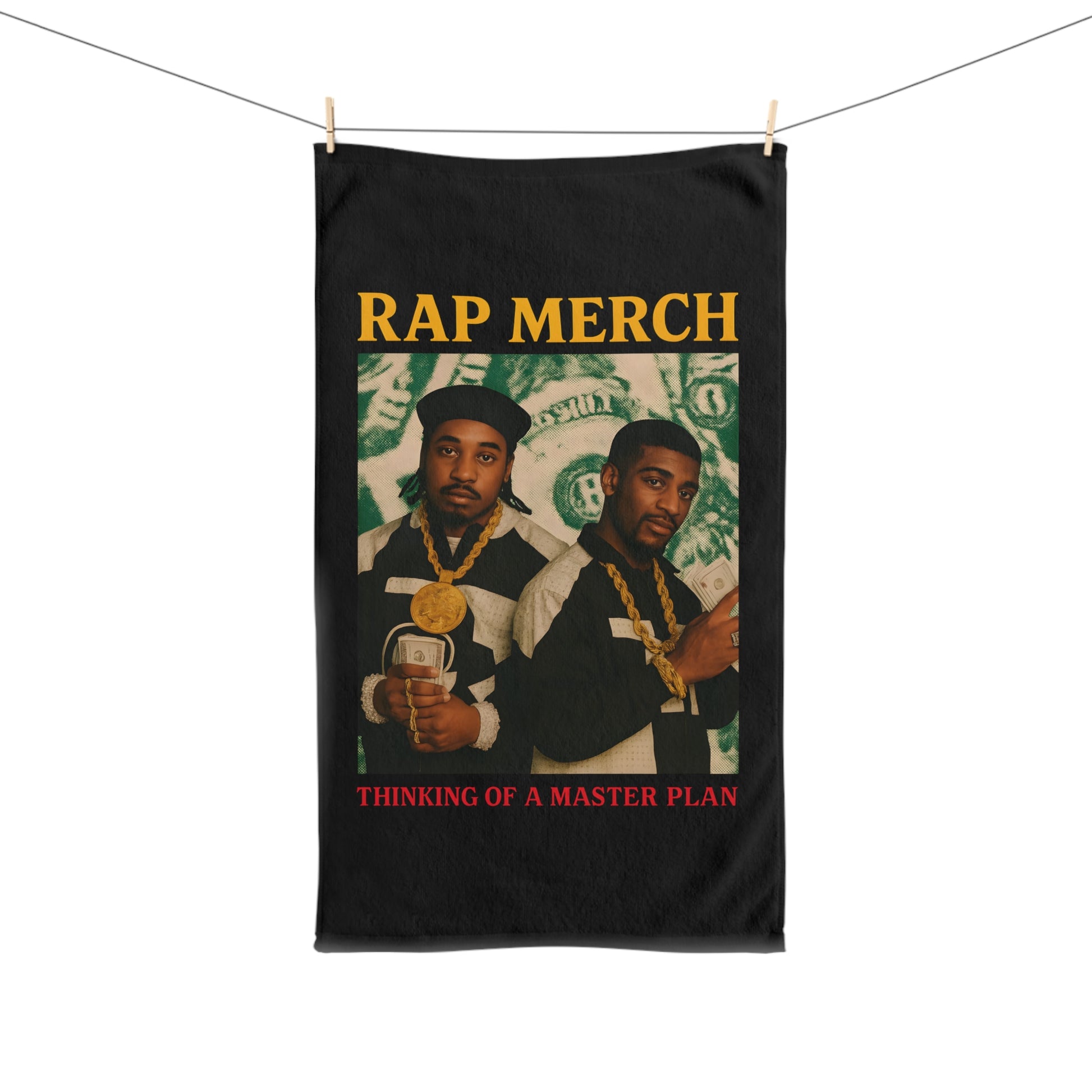 Black banner with 'Rap Merch' text and images of two people holding money, on a white background.