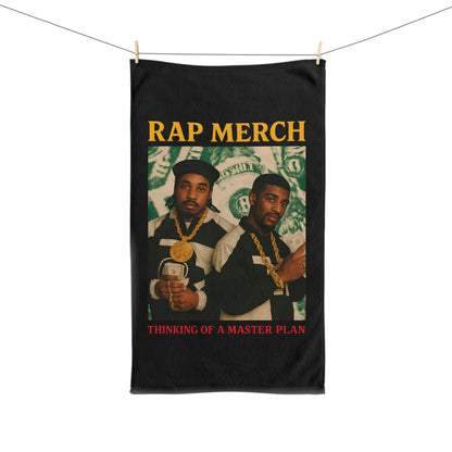 Black banner with 'Rap Merch' text and images of two people holding money, on a white background.