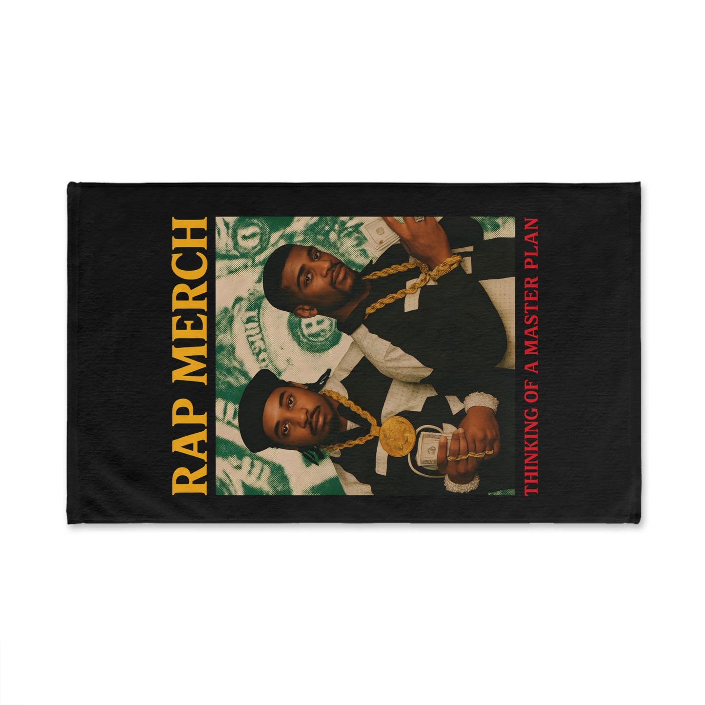 Flag with a graphic of two people and text 'Rap Merch' and 'Thinking of a Master Plan' on a black background.