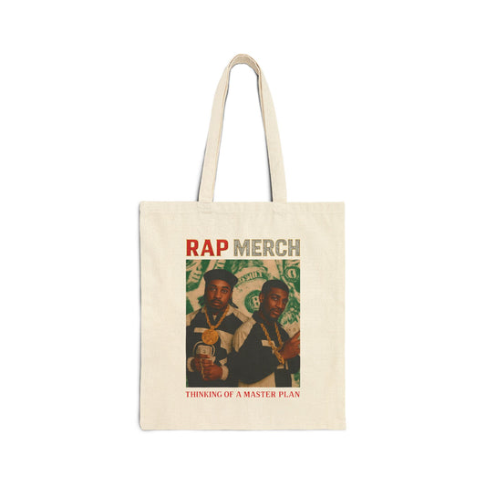 Tote bag with 'Rap Merch' design featuring two individuals and text on a white background