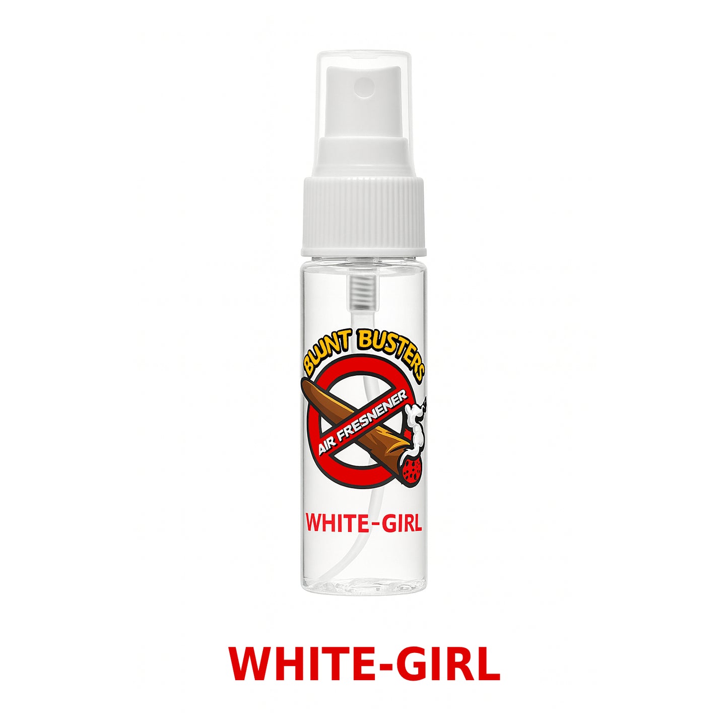 Clear spray bottle with 'White-Girl' text and logo on a white background