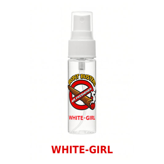 Clear spray bottle with 'White-Girl' text and logo on a white background